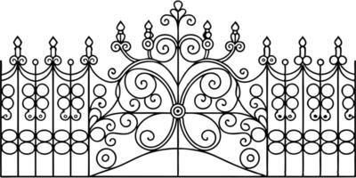 A black and white drawing of a wrought iron gate vector