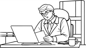 A man in a suit is working on his laptop vector