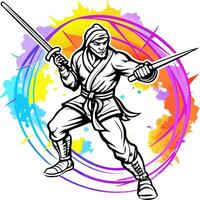 ninja and sword on colorful spin grunge background graphic , illustration line art vector