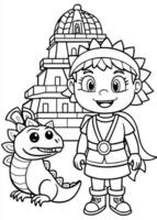 dora the explorer with cute dino saur in the mayan temple, illustration line art vector