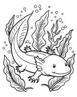 axolotl in kelp forest with ocean elements, illustration line art vector