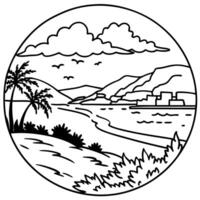 A black and white drawing of a beach and palm trees vector