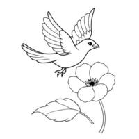 A bird flying over a flower coloring page vector