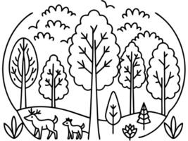 A black and white drawing of a forest with trees and deer vector