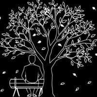 Man sitting on bench under tree with leaves vector