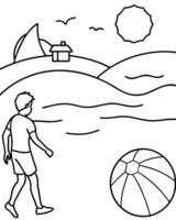 A boy playing with a ball on the beach coloring page vector