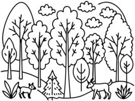 A coloring page with trees and animals vector