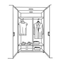 A drawing of a closet with clothes and shoes vector