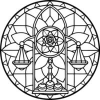A stained glass design with a scale and a rose vector