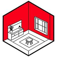 A red room with a bed, desk and window vector
