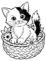 A cat in a basket coloring page vector