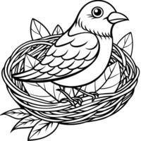 Bird in nest coloring page vector