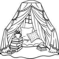 A tent with books and a pillow coloring page vector