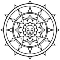 A black and white drawing of a mandala with a skull in the center vector