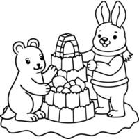 A coloring page with two rabbits and a bear vector