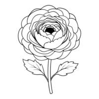 A flower with leaves and a stem is outlined in black and white vector