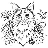 A cat with flowers and leaves coloring pages vector