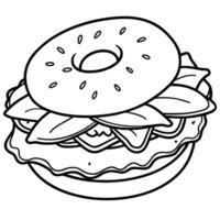 A black and white drawing of a bagel with meat vector