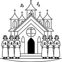 Church with people in front of it coloring page vector
