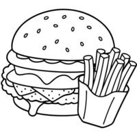 A coloring page with a hamburger and fries vector