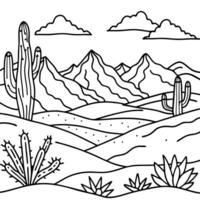 A desert landscape with cactus and mountains coloring page vector