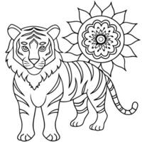 A tiger coloring page with a flower vector