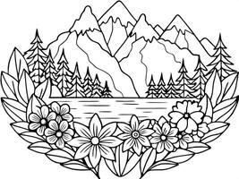 A coloring page with mountains and flowers vector