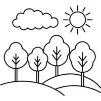 A black and white drawing of trees and sun vector