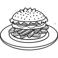 A coloring page with a hamburger on a plate vector