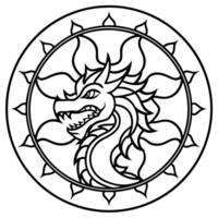 A black and white drawing of a dragon in the center of a circle vector