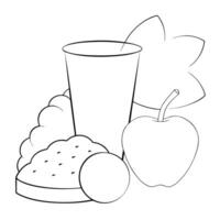 A coloring page with apples, bread and a cup vector