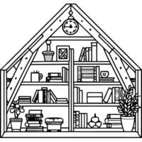A black and white drawing of a book shelf with books and plants vector