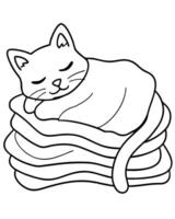 A cat sleeping on a pile of laundry coloring page vector