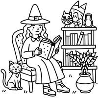 A witch reading a book with cat and cat vector