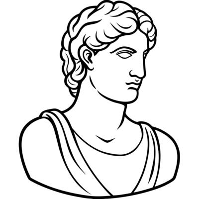A greek man in a headdress is shown in a black and white drawing