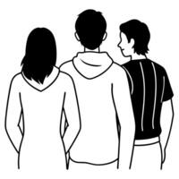 Three people standing together in a black and white drawing vector