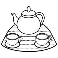 Tea set with two cups on a table coloring page vector