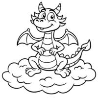 A cartoon dragon sitting on a cloud coloring page vector