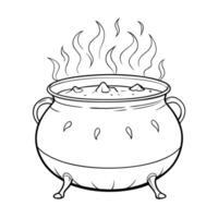 A cauldron with boiling water and fire coloring page vector