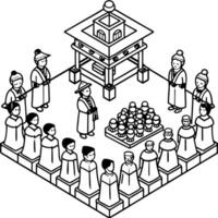 An illustration of a group of people standing around a pagoda vector
