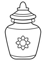 A black and white drawing of a jar with a flower on it vector