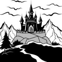 A castle in the mountains with a black and white background vector
