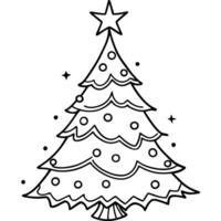 a decorated christmas tree with a shining star, illustration line art vector