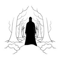 A black and white drawing of a man in a cloak vector
