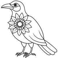 A black and white drawing of a crow with a flower on its head vector