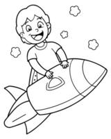 Boy riding on a rocket coloring page vector