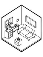 A drawing of a room with a couch, desk and table vector