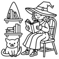 A witch reading a book with a cat coloring page vector