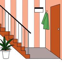 A drawing of a hallway with a coat rack and a plant vector