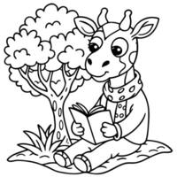 Coloring pages for kids with giraffe reading a book vector